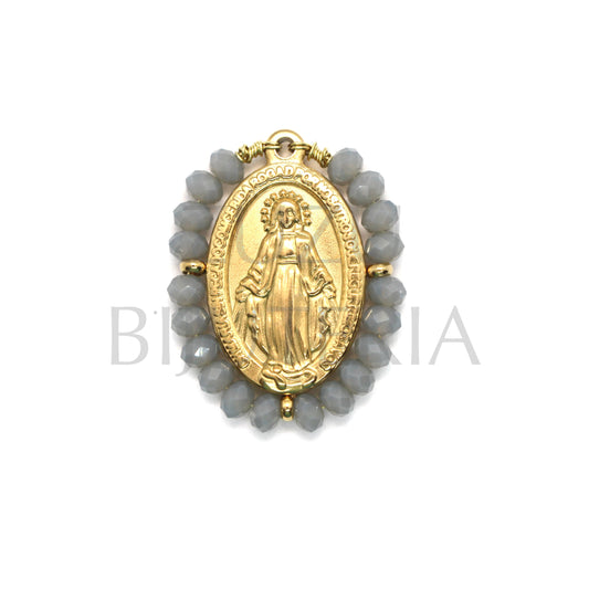 Our Lady of Guadalupe Pendant 25mm x 19mm (Faceted Light Gray Crystals) - Stainless Steel