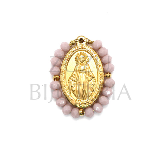 Our Lady of Guadalupe Pendant 25mm x 19mm (Pink Faceted Crystals) - Stainless Steel