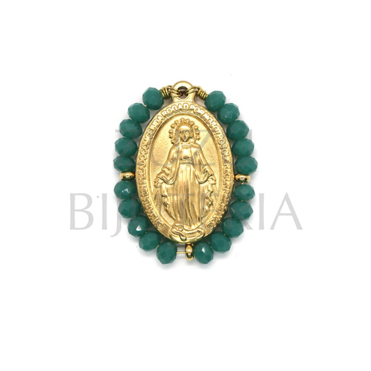 Our Lady of Guadalupe Pendant 25mm x 19mm (Turquoise Green Faceted Crystals) - Stainless Steel