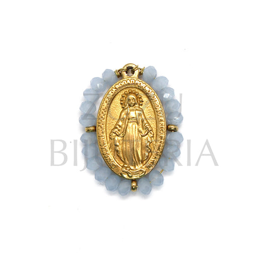 Our Lady of Guadalupe Pendant 25mm x 19mm (Faceted Light Blue Matte Crystals) - Stainless Steel