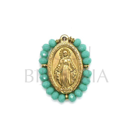 Our Lady of Guadalupe Pendant 25mm x 19mm (Water Green Faceted Crystals) - Stainless Steel