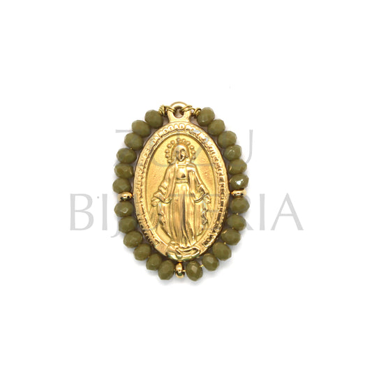 Our Lady of Guadalupe Pendant 25mm x 19mm (Faceted Troop Green Crystals) - Stainless Steel