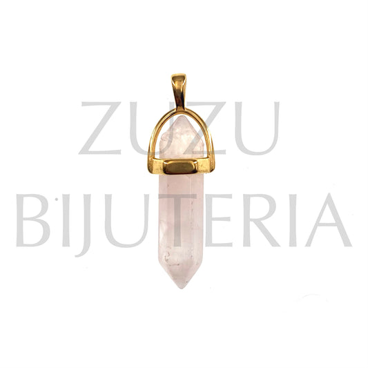 Pendente Pedra Quartzo Cor de Rosa 36mm x 14mm - Aço Inox