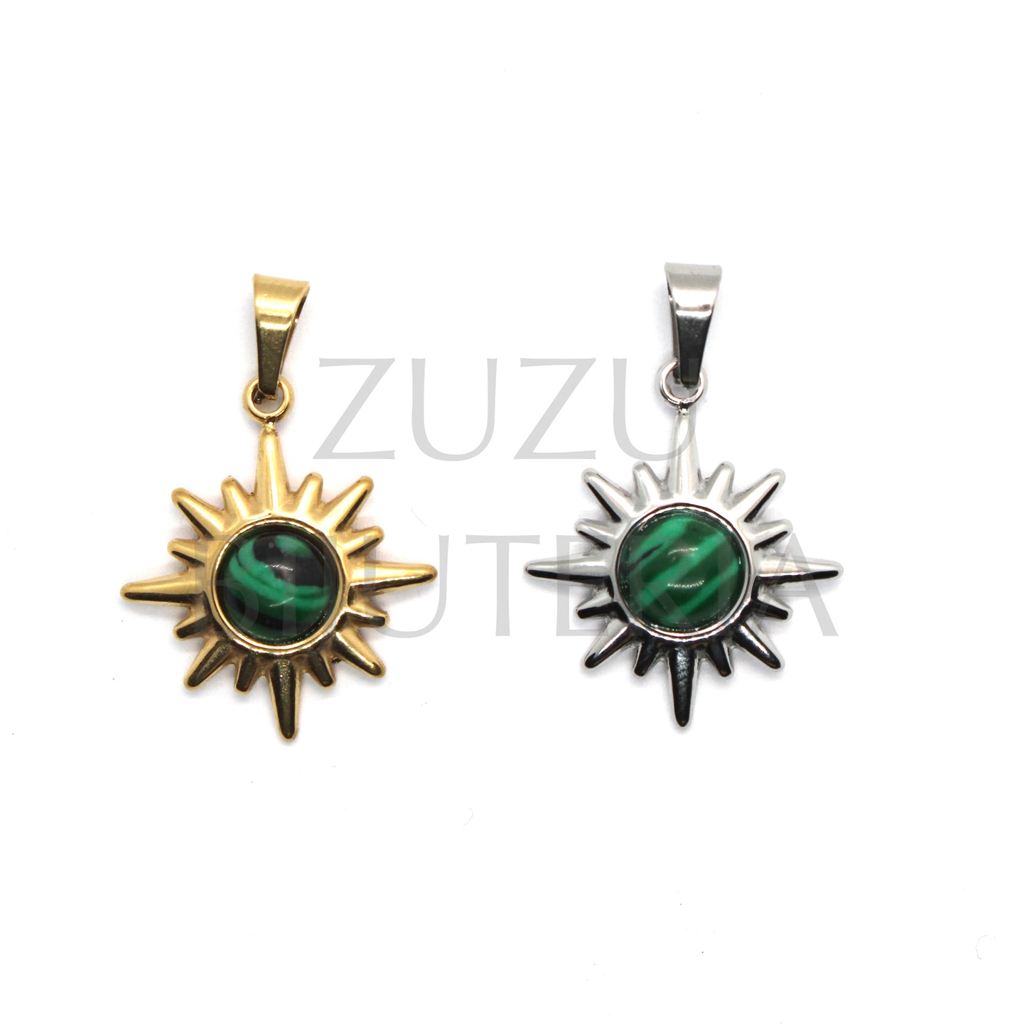 Sun Pendant with Green Stone 18mm - Stainless Steel