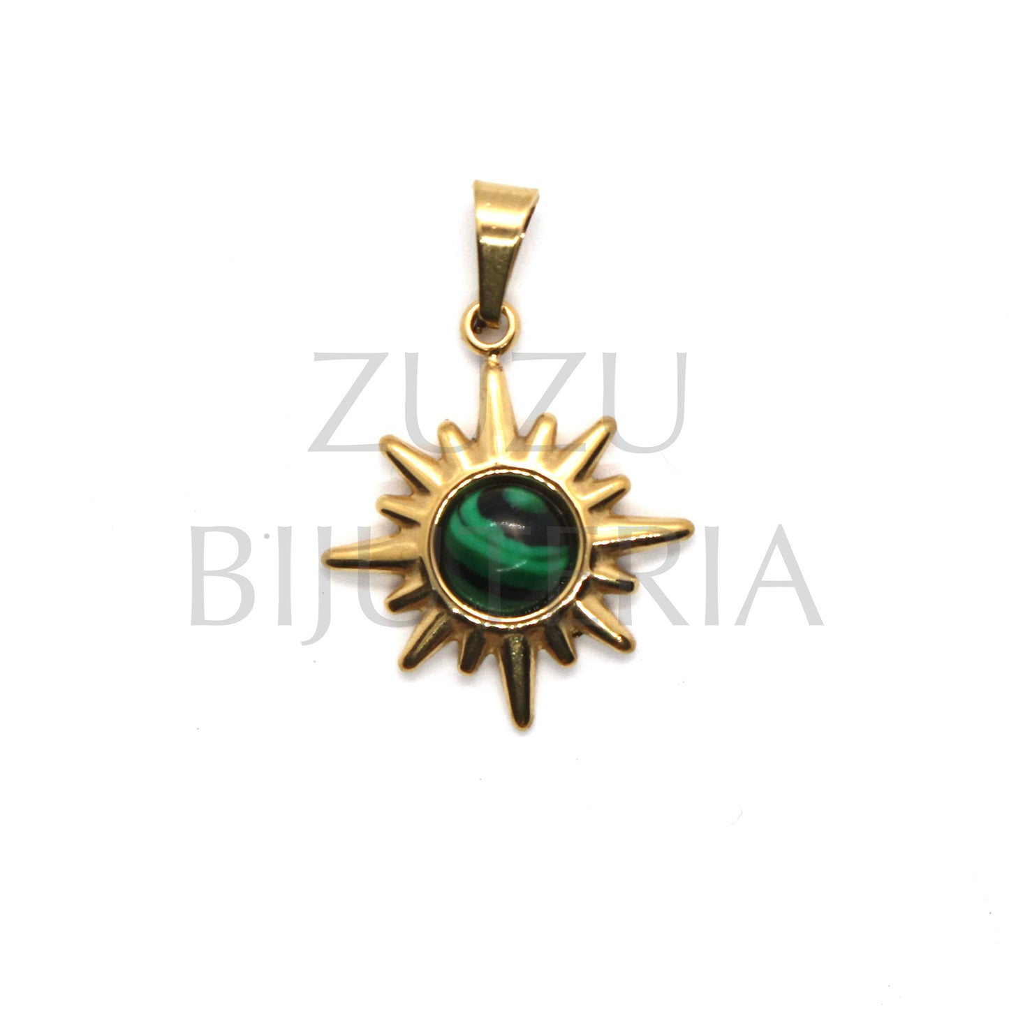 Sun Pendant with Green Stone 18mm - Stainless Steel