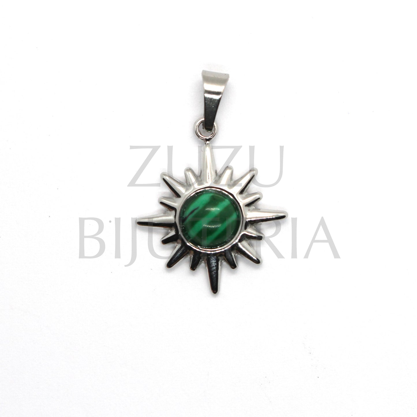 Sun Pendant with Green Stone 18mm - Stainless Steel