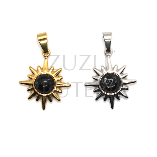 Sun Pendant with Black Howlita 18mm - Stainless Steel