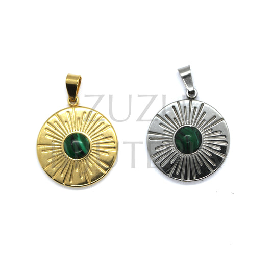 Sun Pendant with Green Stone 20mm - Stainless Steel