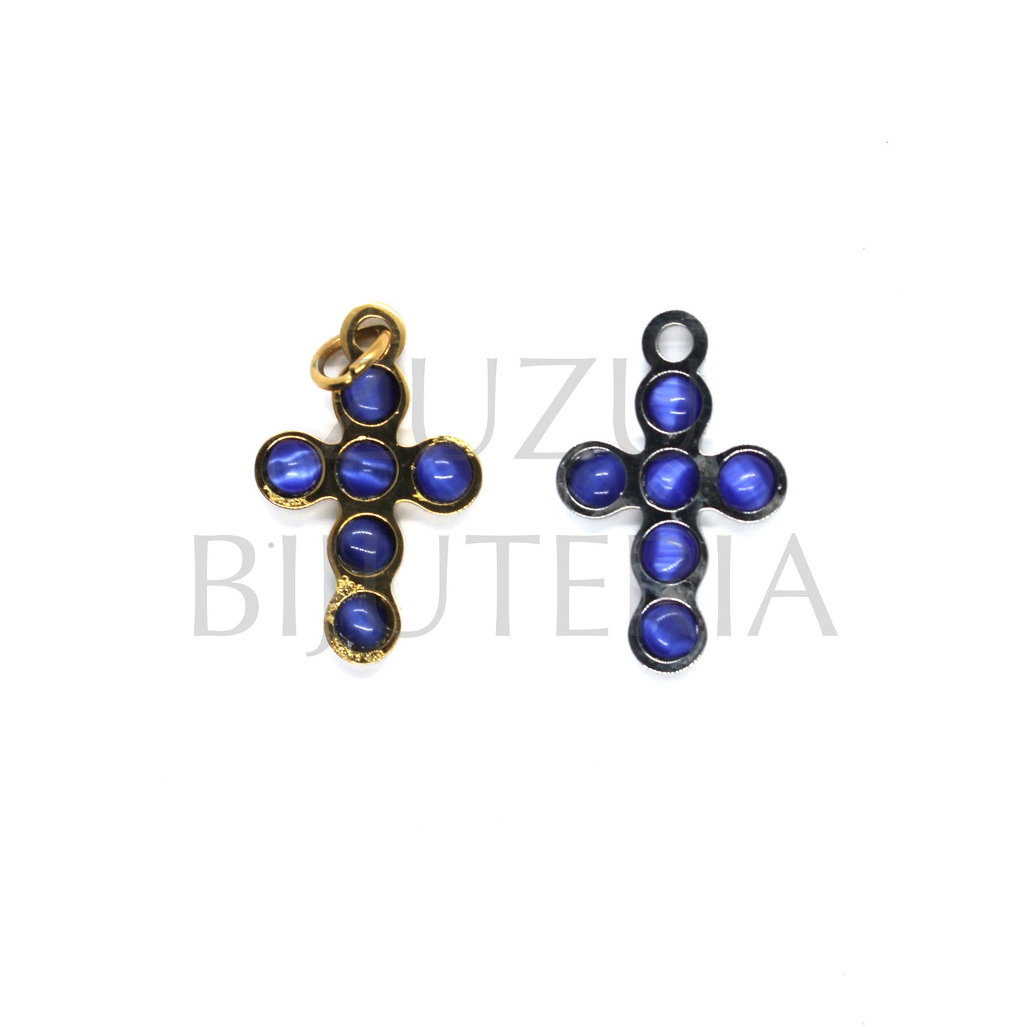 Pendente Cruz com Pedra Ágata Azul Escuro 20mm x 13mm - Aço Inox