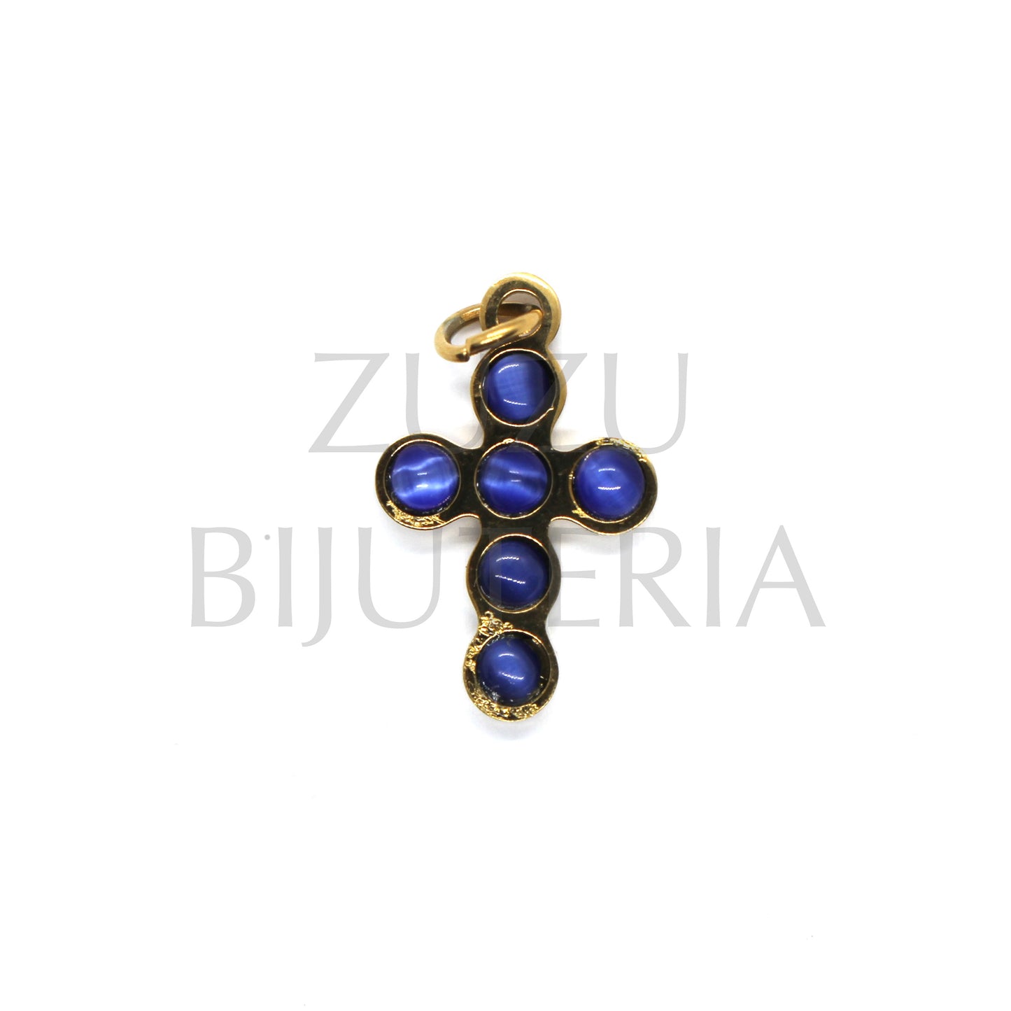 Pendente Cruz com Pedra Ágata Azul Escuro 20mm x 13mm - Aço Inox