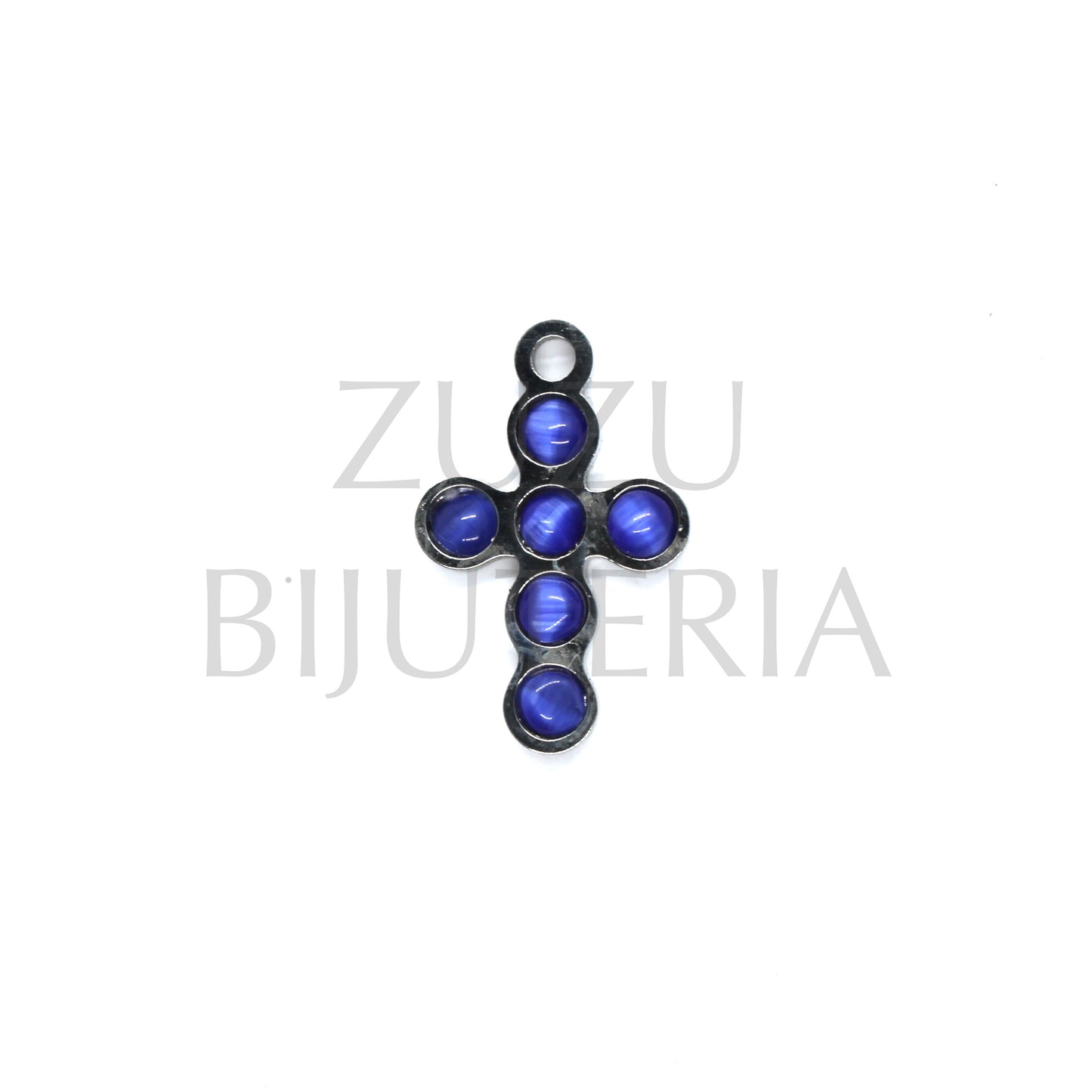 Pendente Cruz com Pedra Ágata Azul Escuro 20mm x 13mm - Aço Inox