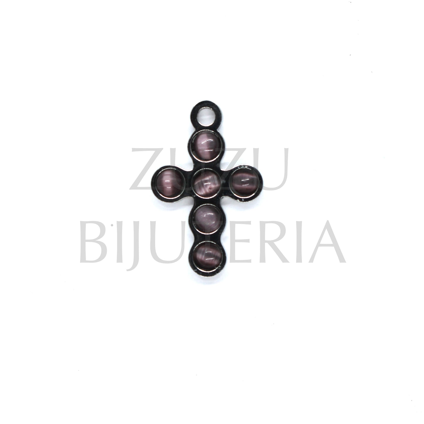 Pendente Cruz com Pedra Ágata Roxo 20mm x 13mm - Aço Inox