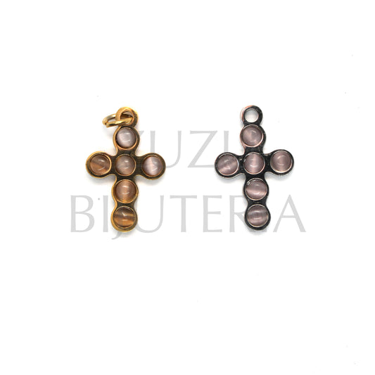 Pendente Cruz com Pedra Ágata Rosa Claro 20mm x 13mm - Aço Inox