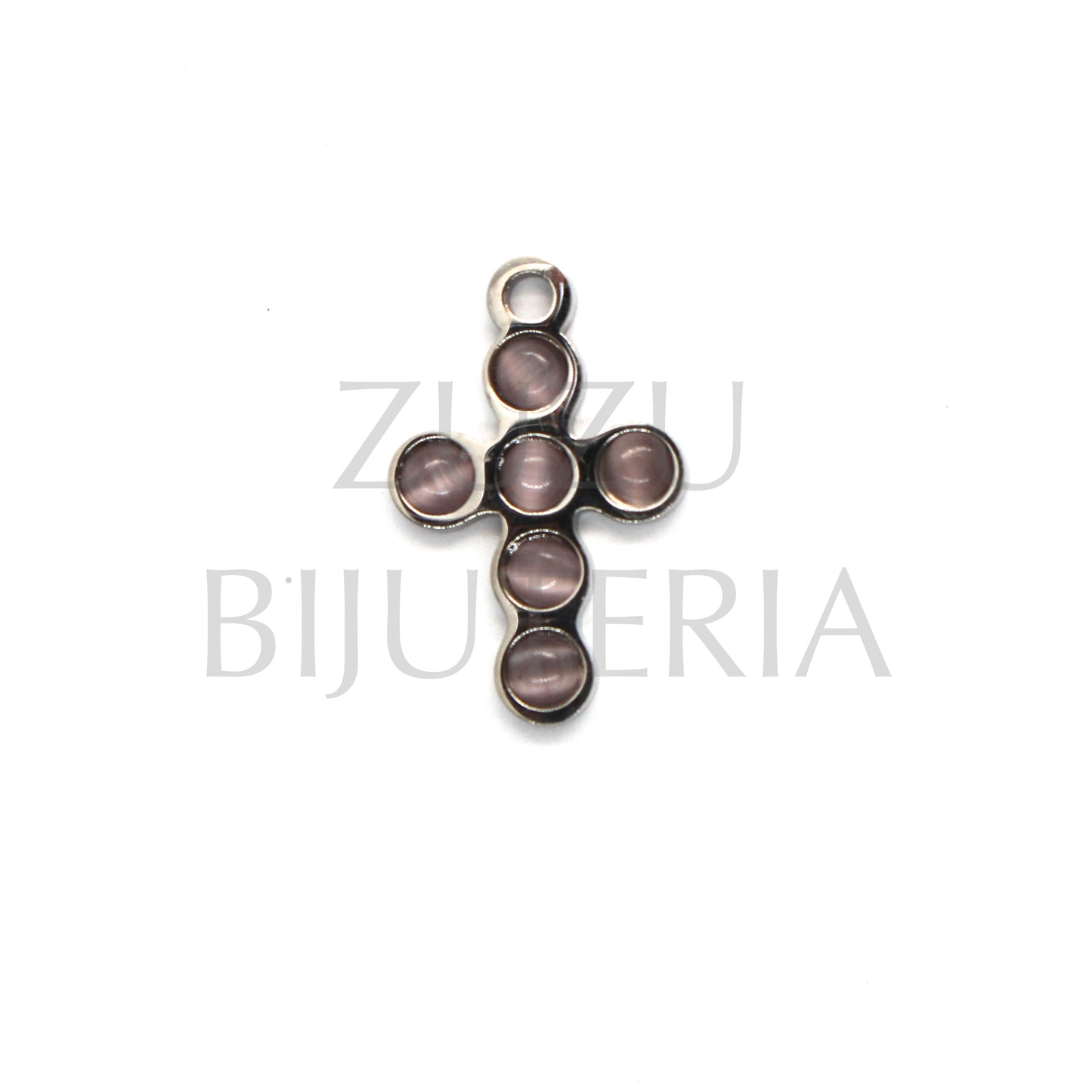 Pendente Cruz com Pedra Ágata Rosa Claro 20mm x 13mm - Aço Inox