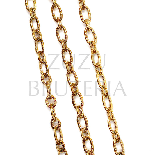 Corrente Elo Dourado Oval com Detalhes 7mm x 4mm - Aço Inox