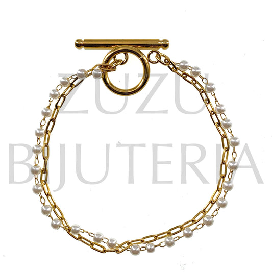 Pulseira Elo Oval e Pérola Dourado 18cm - Aço Inox