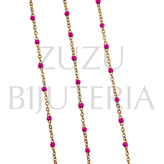 2mm Flat Oval Link Chain with Pink Polka Dots - Stainless Steel