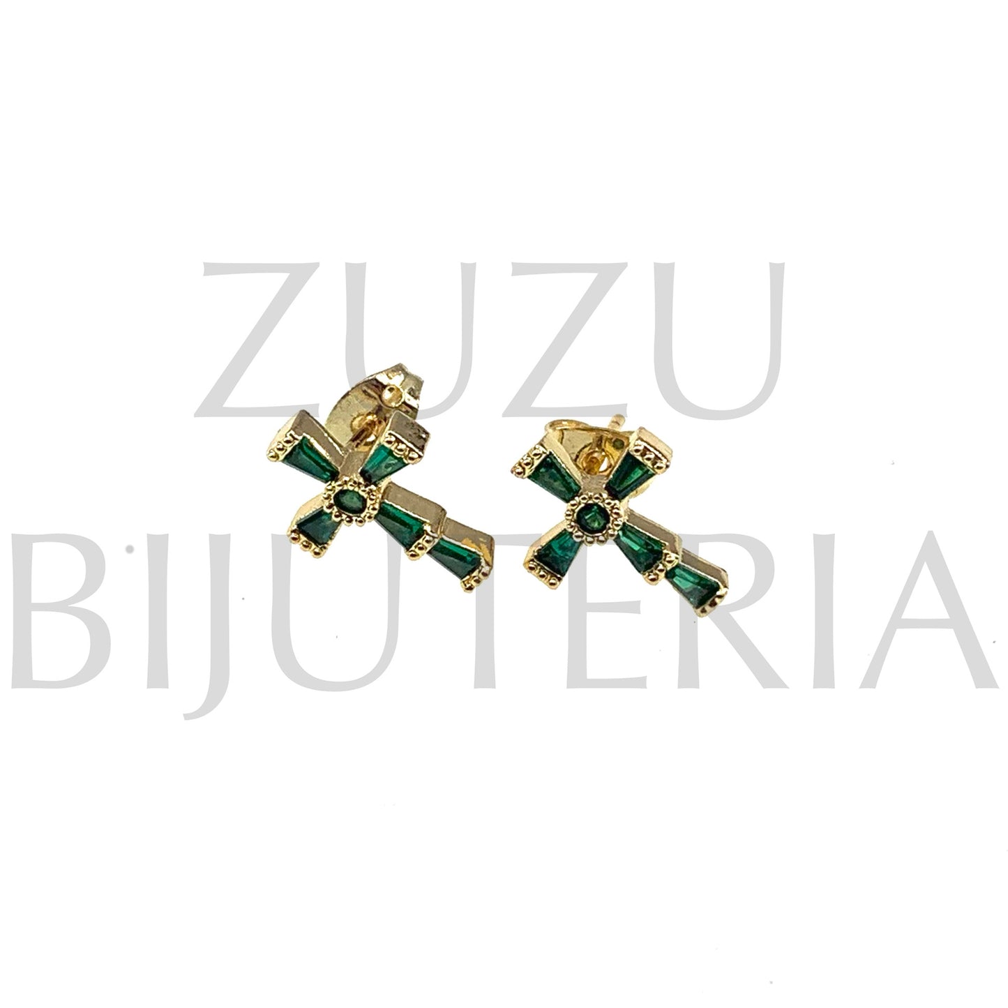 Brinco Cruz com Zirconias Verdes 13mm x 10mm - Latão