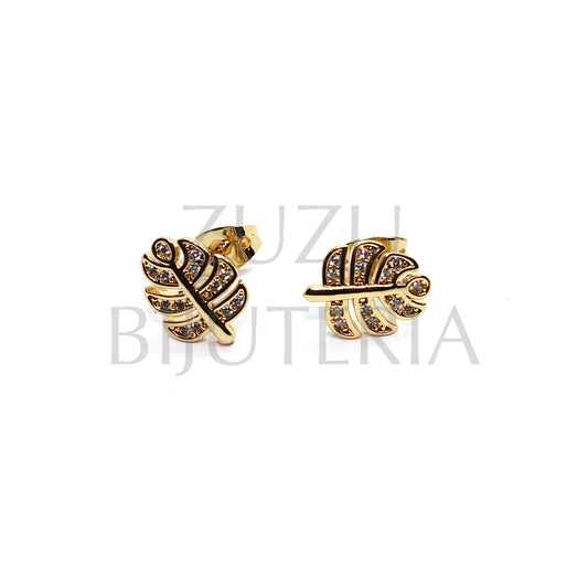 Gold Leaf Earring with Zirconia 11mm x 8mm - Brass
