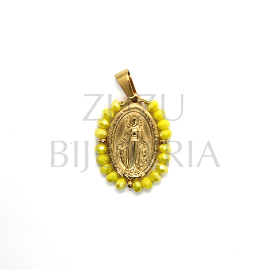 Our Lady of Guadalupe Pendant 25mm x 19mm (Yellow Mirror Faceted Crystals) - Stainless Steel