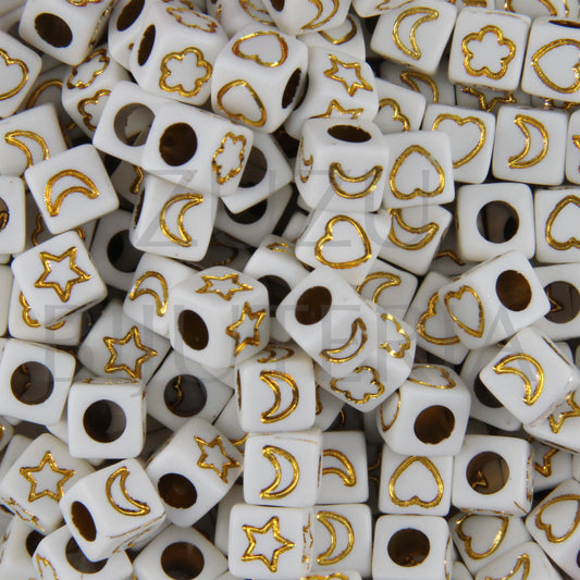 Assorted Square Symbols Bead 6mm White/Gold (100 pieces)
