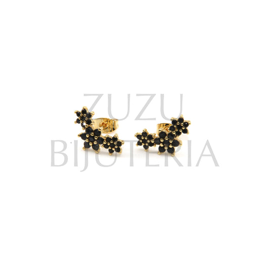Flower Earring with Black Zirconia 9mm x 16mm - Brass
