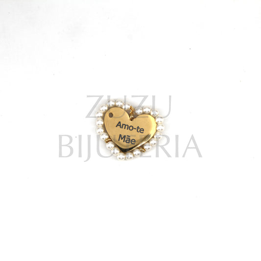 Pendente Coração Mãe Dourado com Pérolas 21mm x 25mm - Aço Inox