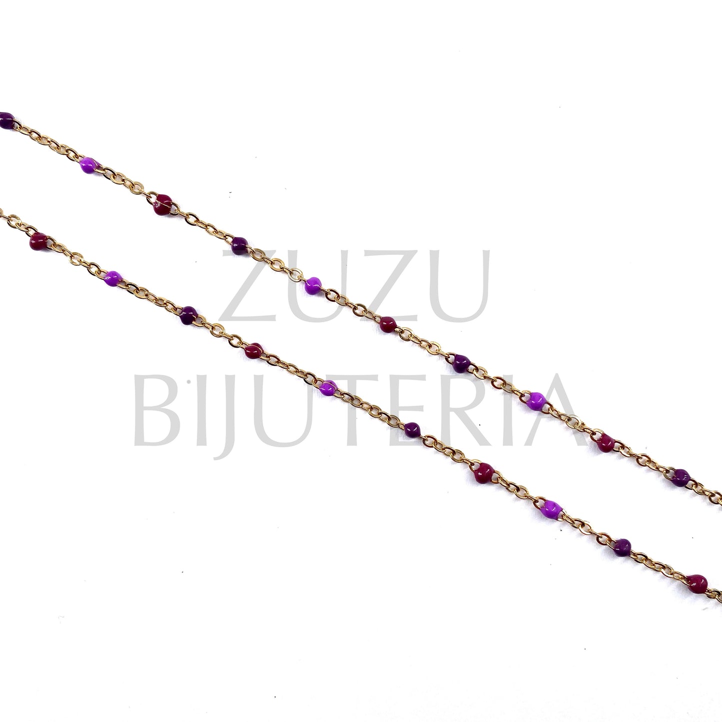 Corrente Elo Oval Achatado 2mm com Bolinhas Roxo Misturado - Aço Inox