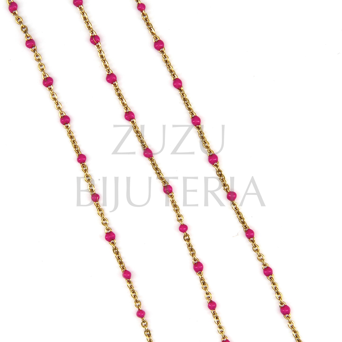 2mm Flat Oval Link Chain with Pink Polka Dots - Stainless Steel