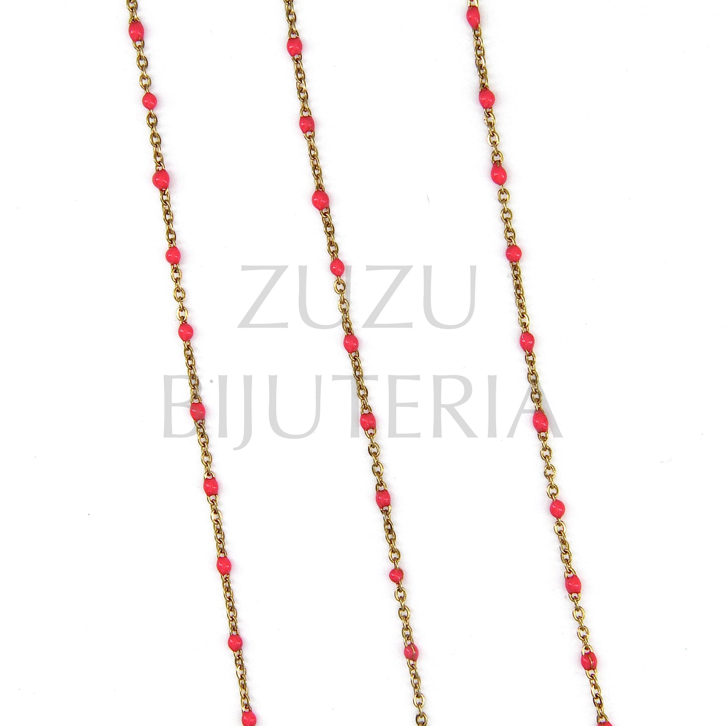 2mm Flat Oval Link Chain with Coral Polka Dots - Stainless Steel