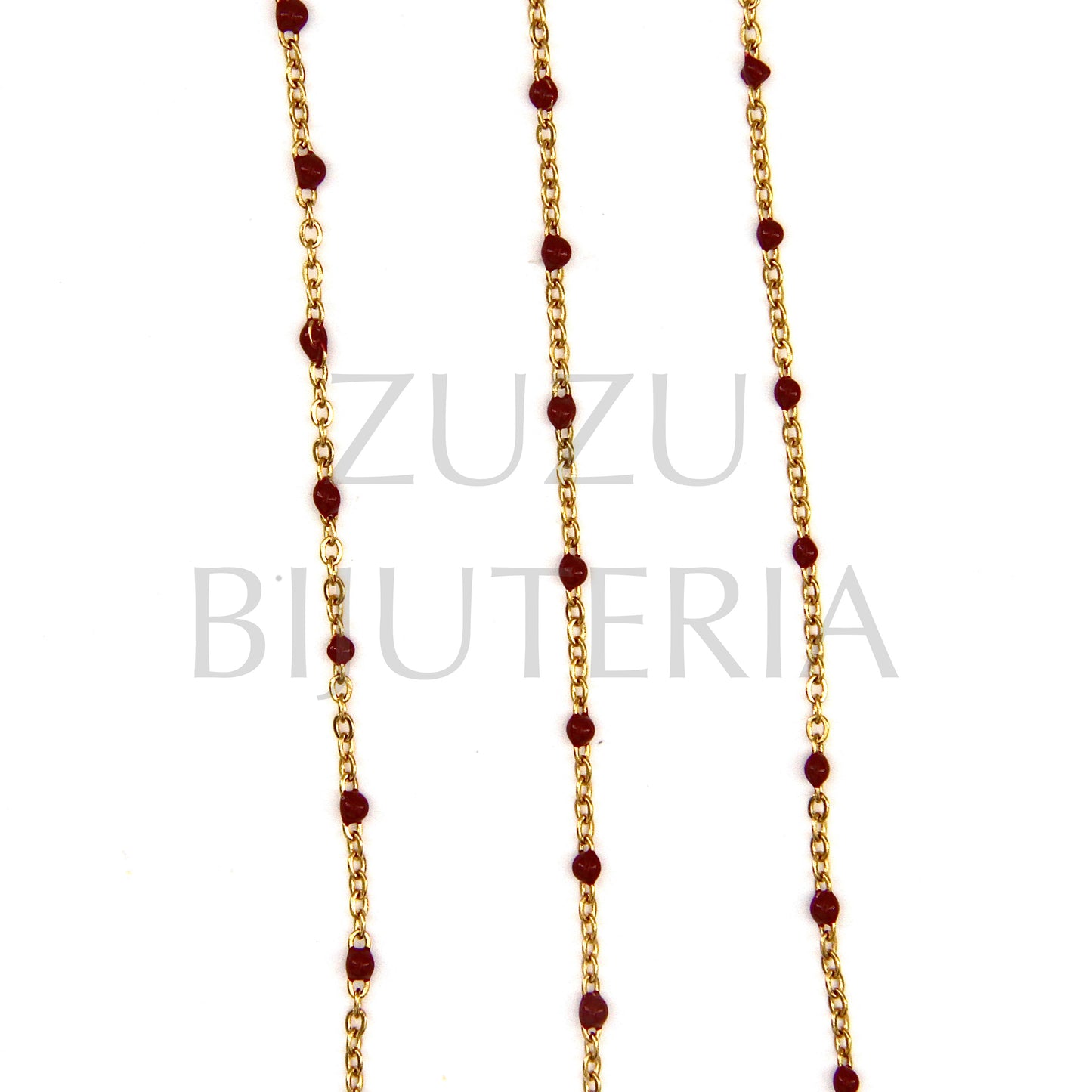 2mm Flat Oval Link Chain with Bordeaux Polka Dots - Stainless Steel