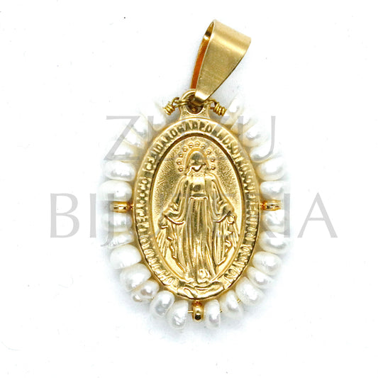 Pendente Nossa Senhora de Guadalupe 25mm x 19mm (Pérola de Água Doce) - Aço Inox