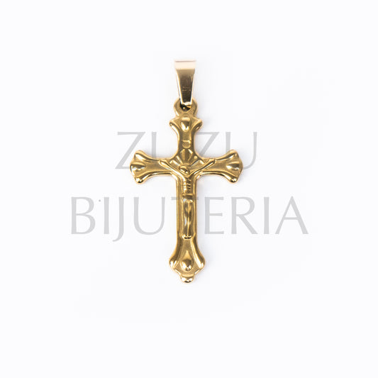 Pendente Cruz Dourado 32mm x 19mm - Aço Inox